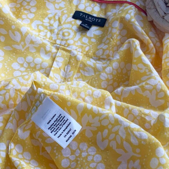TALBOTS  Petites Yellow and White Flora Cotton Roll Tab Sleeve Summer Shirt - Picture 16 of 16